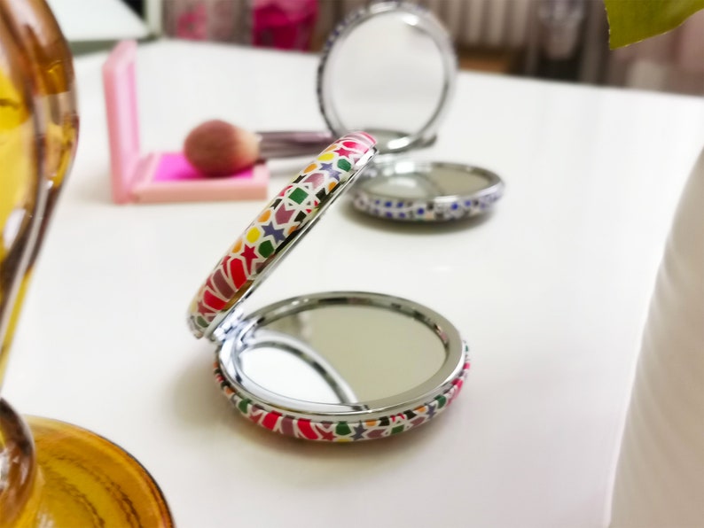 Pocket mirror, compact mirror l yellow mix oriental handbag mirror, Hanging gift l Wedding gift l Makeup mirror gift image 3