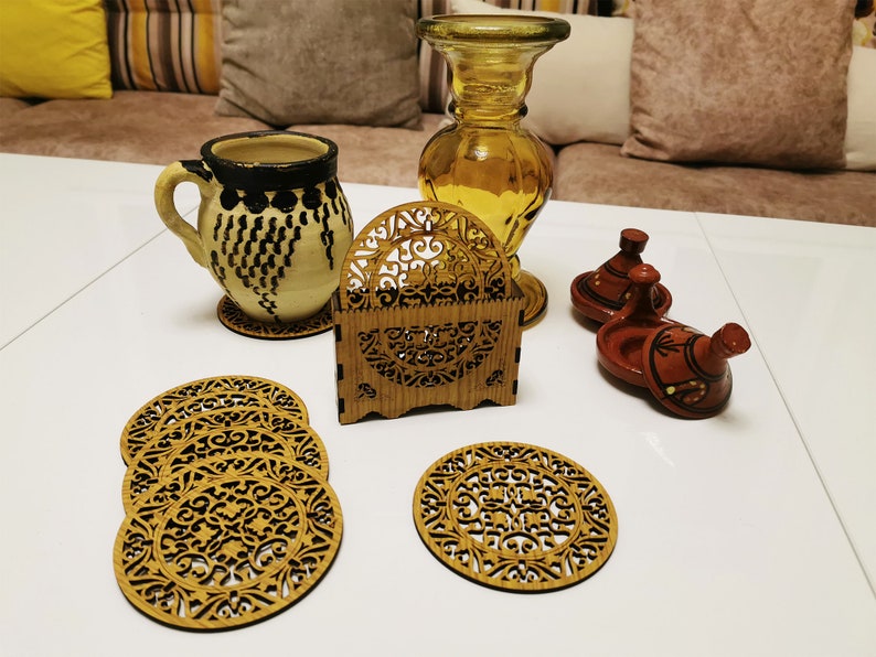 6 wooden coasters with support, Mom gift l Housewarming gift l Mosaic pattern decors of Fez, Andalusian, Persian image 2
