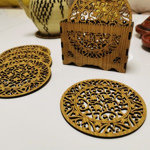 6 wooden coasters with support, Mom gift l Housewarming gift l Mosaic pattern decors of Fez, Andalusian, Persian image 1