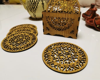 6 wooden coasters with support, Mom gift l Housewarming gift l Mosaic pattern decors of Fez, Andalusian, Persian