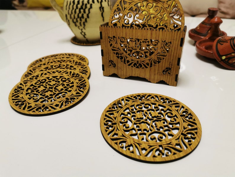 6 wooden coasters with support, Mom gift l Housewarming gift l Mosaic pattern decors of Fez, Andalusian, Persian image 1