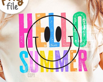 Hello Summer PNG / Smile Summer Sublimation Designs / Neon colors Smile Face Shirt png / Beach png / Lake png / Ocean Life png download