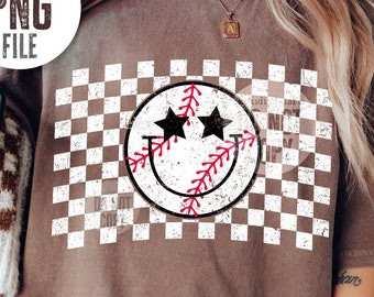 Smile Baseball PNG / Checkered Baseball Shirt png Sublimation / Baseball Vibes png / Baseball Mom png / Retro Baseball png digital download