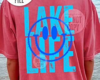Lake Life PNG / Smile Face Summer png / Lake Bum png T-shirt Sublimation Designs, Distressed Blue Lake png DTF DTG transfer digital download