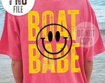 Boat Babe PNG, Retro Summer png, Lake Babe Sublimation Designs Happy Face Shirt png, Boat png, River Life png, Lake Vibes png download