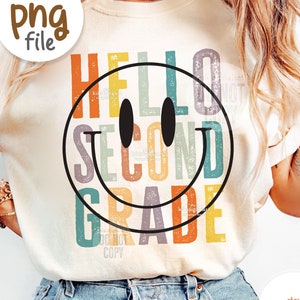 Hello Second Grade PNG / Retro 2nd Grade Teacher png / Back to school png / Smile face teacher sublimation / Distressed Teacher Shirt png digital download