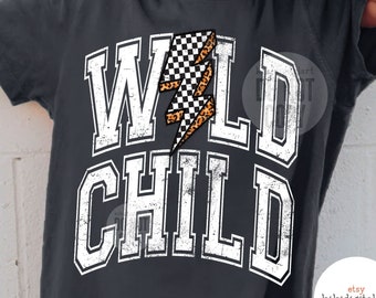 Wild Child PNG, Lightning Bolt PNG, Mini Png, Checkered Child Shirt png, Kid Sublimation, Retro boy png, Girl Sublimation Designs Download