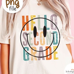 Hello Second Grade PNG / Retro 2nd Grade Teacher png / Back to school png / Smile face teacher sublimation / Distressed Teacher Shirt png