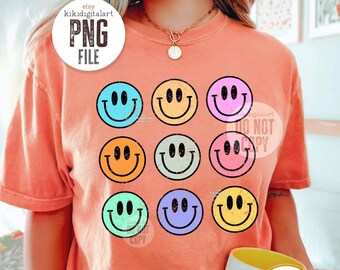 Distressed Happy Faces PNG / Buntes Lächeln Gesicht PNG, Sommer Retro png Sublimation, Vintage Smile Face Shirt png, 300 dpi Digitaler Download