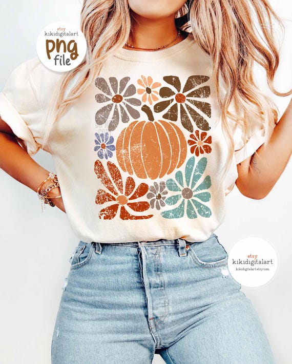Boho Pumpkin Flowers Png, Retro Fall Png, Harvest png, Aesthetic Fall Pumpkin DTF Sublimation, Thanksgiving Png, Autumn Png Download