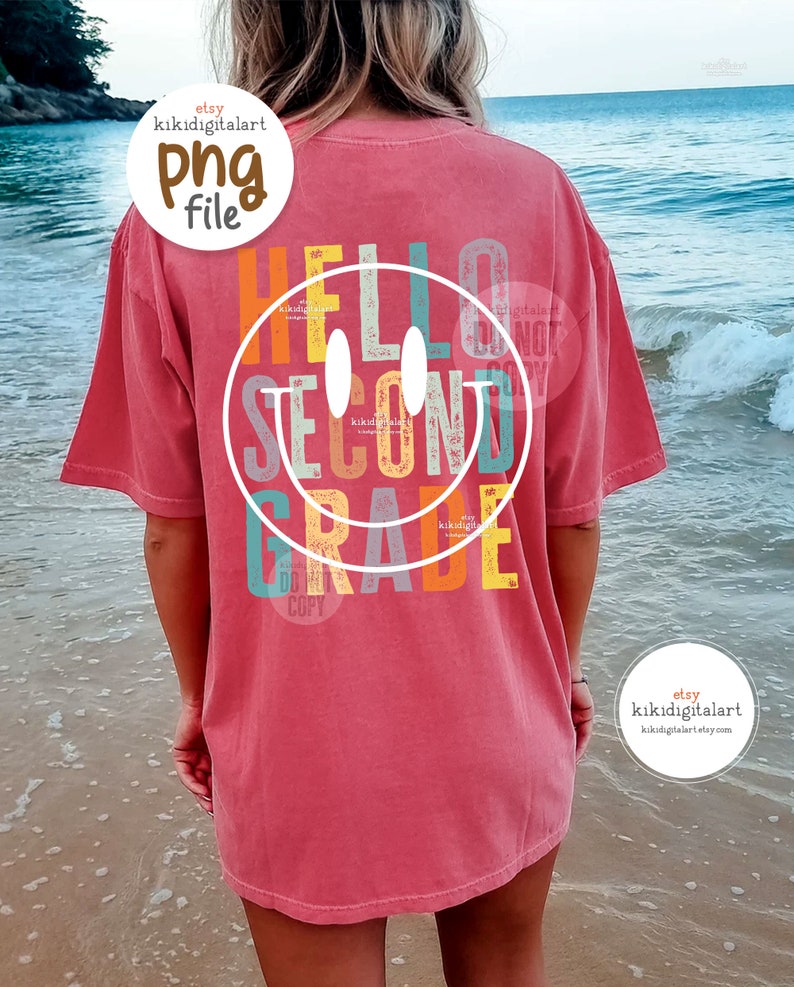 Hello Second Grade PNG / Retro 2nd Grade Teacher png / Back to school png / Smile face teacher sublimation / Distressed Teacher Shirt png