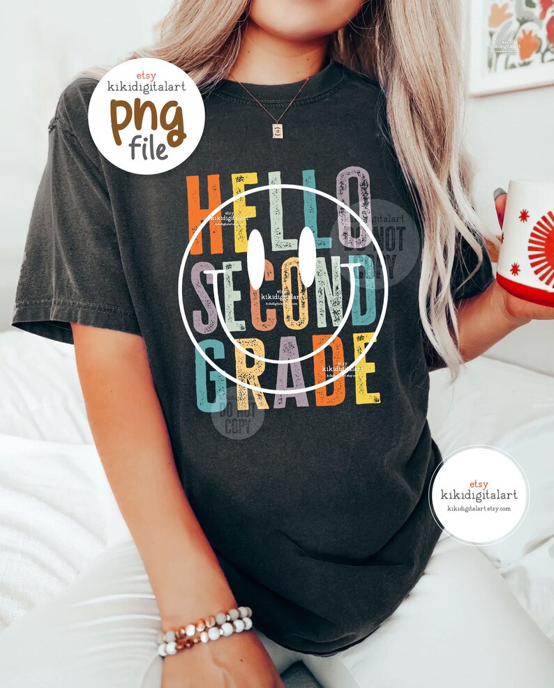 Hello Second Grade PNG / Retro 2nd Grade Teacher png / Back to school png / Smile face teacher sublimation / Distressed Teacher Shirt png