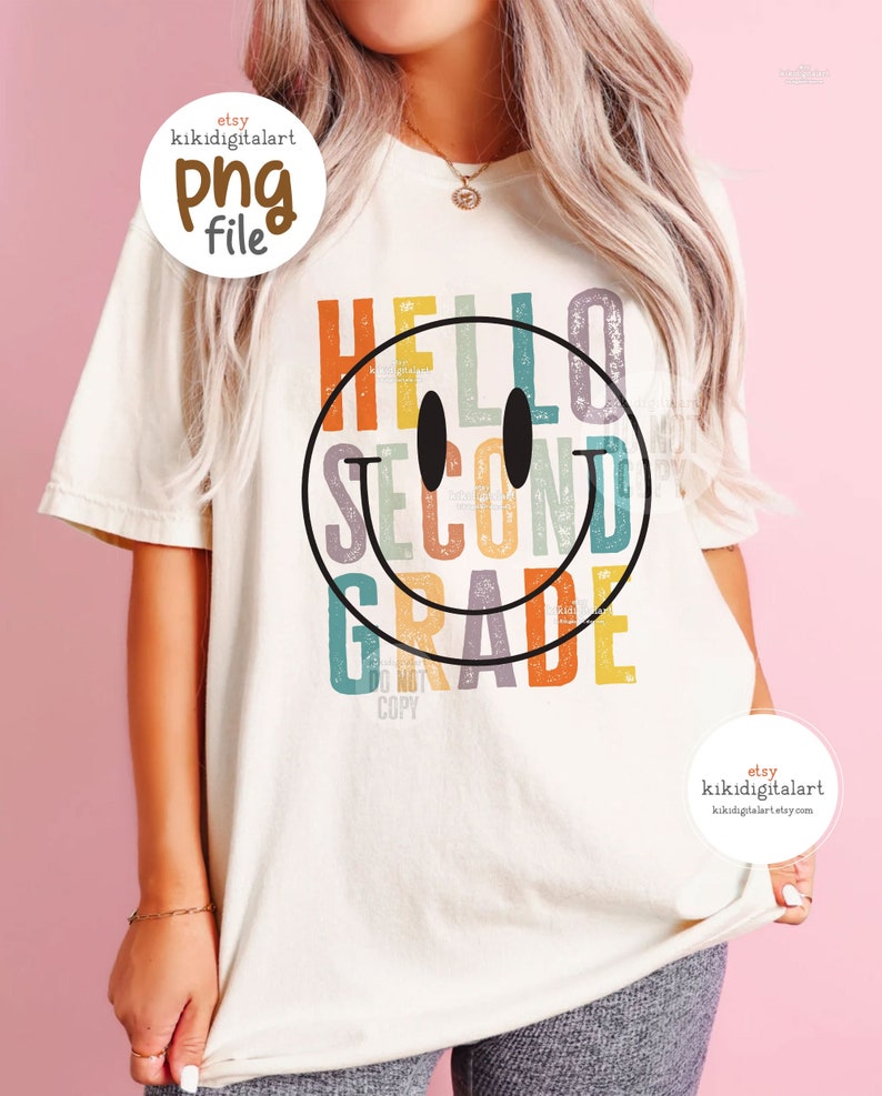 Hello Second Grade PNG / Retro 2nd Grade Teacher png / Back to school png / Smile face teacher sublimation / Distressed Teacher Shirt png