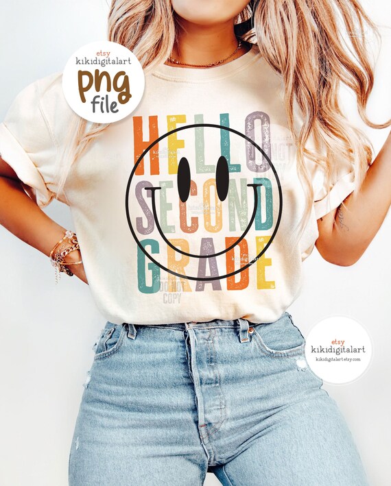 Hello Second Grade PNG / Retro 2nd Grade Teacher png / Back to school png / Smile face teacher sublimation / Distressed Teacher Shirt png