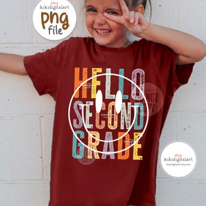 Hello Second Grade PNG / Retro 2nd Grade Teacher png / Back to school png / Smile face teacher sublimation / Distressed Teacher Shirt png