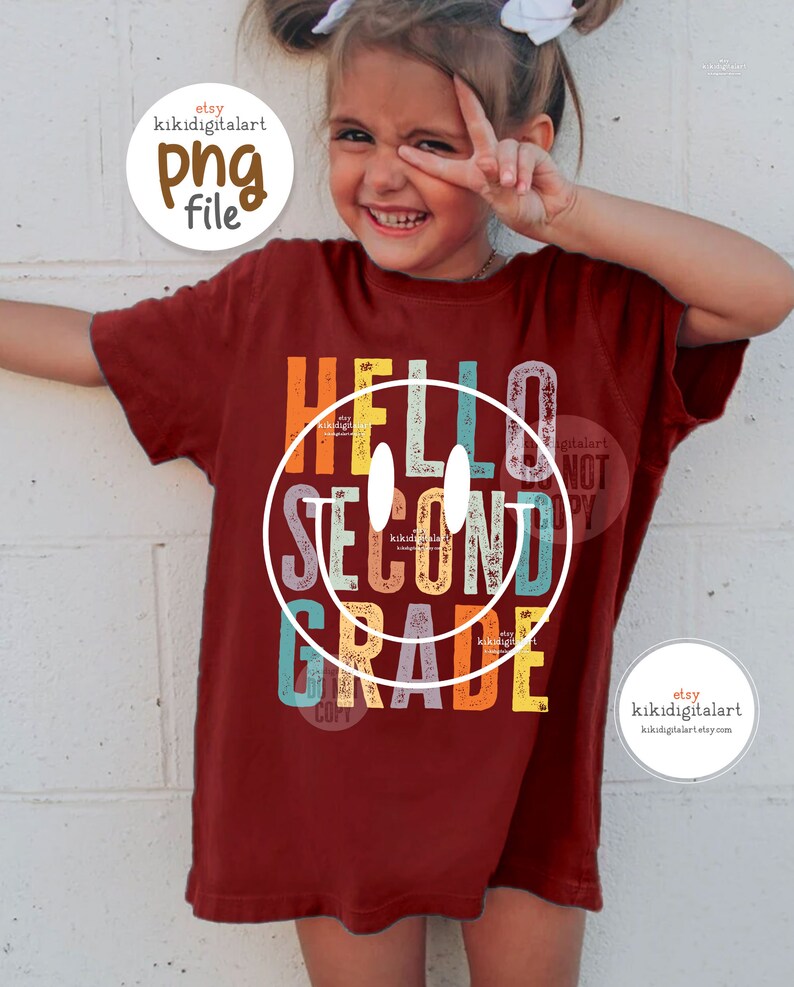 Hello Second Grade PNG / Retro 2nd Grade Teacher png / Back to school png / Smile face teacher sublimation / Distressed Teacher Shirt png