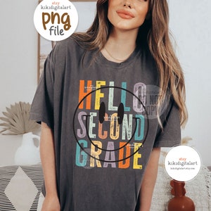 Hello Second Grade PNG / Retro 2nd Grade Teacher png / Back to school png / Smile face teacher sublimation / Distressed Teacher Shirt png