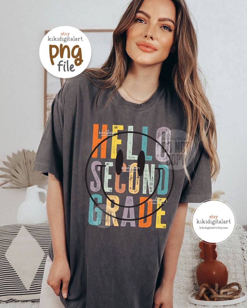 Hello Second Grade PNG / Retro 2nd Grade Teacher png / Back to school png / Smile face teacher sublimation / Distressed Teacher Shirt png