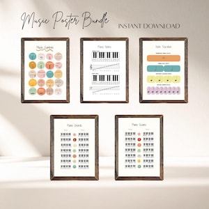 May include: Five framed music posters, including "Music Symbols", "Piano Notes", "Note Duration", "Piano Chords", and "Piano Scales". Each poster is in a wooden frame. The text "Music Poster Bundle" and "Instant Download" are at the top of the image.