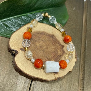 Orange Crystal Beaded, White Moonstone Cube Bracelet, Natural Moonstone Gemstone, High Quality Gemstone, Barrels, Cubes, Round, Stretchy.