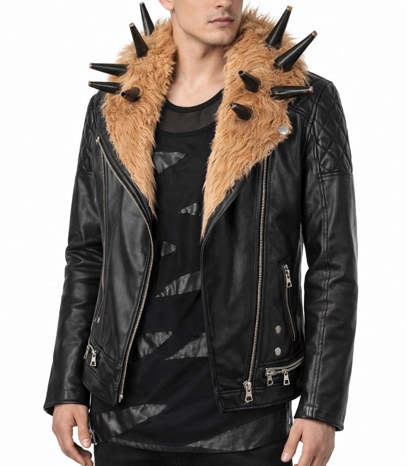 May include: A black leather jacket featuring a large tan faux fur collar adorned with multiple black spikes. The jacket includes silver-tone metal zippers, quilted shoulder detailing, and is worn over a black shirt with diagonal cut-out accents.