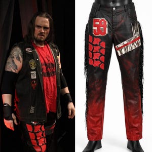 May include: Black and red pants featuring a metallic silver number 59 patch on the right hip, a red tire tread pattern on the right leg, a silver diagonal stripe on the left hip, and long black fringe trim along the outer seams of both legs.