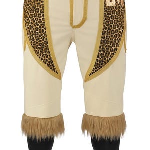 May include: Cream-colored baseball pants featuring leopard print panels on the hips, gold trim, and brown faux fur cuffs at the hem. The pants include a button closure at the waist and the letters LM in gold on the upper left leopard print panel.