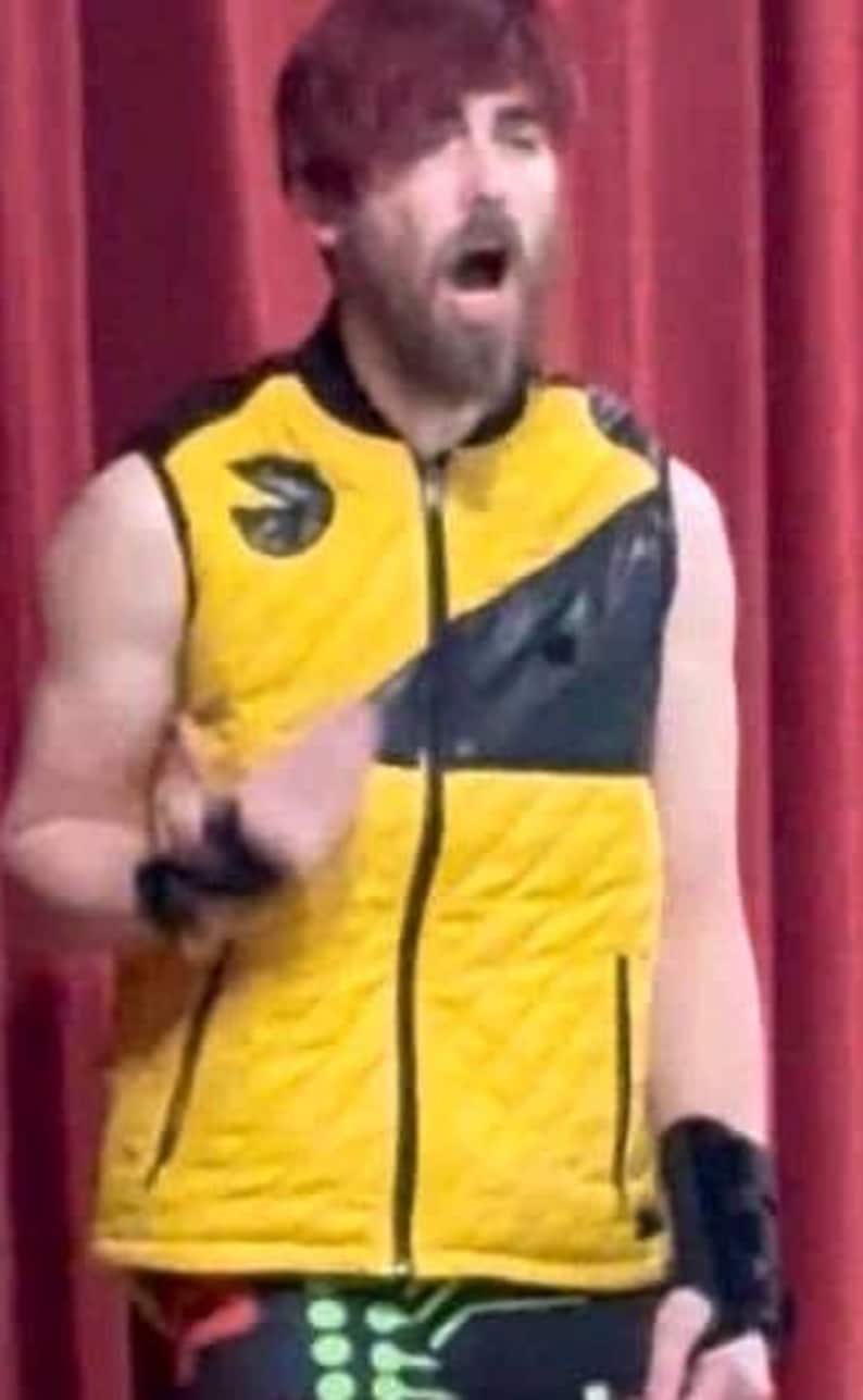 May include: A sleeveless quilted vest featuring a vibrant yellow base with black accents, a full-length front zipper, and a circular black logo patch on the upper right chest. The garment has a high collar and a structured, athletic design.