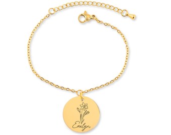 Pulsera personalizada con flor de nacimiento y nombre