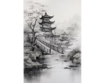 Secluded Zen Monastery | Jigsaw Puzzle | 250 Piece, 500 Piece, 1000 Piece | Minimalist | Sumi-e (ink wash painting)