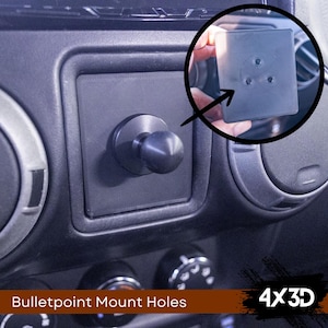 May include: A close-up of a black car interior with a round knob and a square mount plate with three holes. The text "Bulletpoint Mount Holes" and "4x3D" are visible in the image.