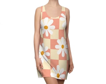 Sunshine Checkered Daisy Tank Dress, Summer Daisy Dress, Floral Tank Dress, Cream and Peach Dress, Vintage Style Dress