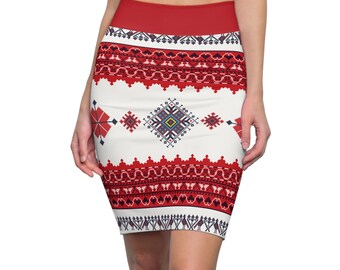 Traditional Folklore Pencil Skirt, Red and White Skirt, Boho Chic