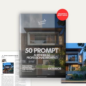 Peut inclure: Un livre intitulé "50 Prompt AI Render for Professional Architect" avec une représentation d'une maison moderne sur la couverture. Le livre a un autocollant rouge qui dit "Architect Must Have!". Le livre contient également le texte "LevelUp Render" et "Parametric Prompting for Architect".