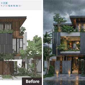 Può includere: Rendering architettonico di una moderna casa a due piani con tetto piano e un mix di legno e pannelli grigi. Il design comprende ampie finestre, un tetto verde e un paesaggio lussureggiante. L'immagine mostra un confronto "Prima" e "Dopo".