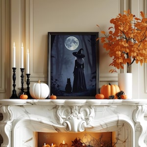 Mystical Witch Wall Art Printable, Full Moon Forest Scene with Black Cat, Dark Feminine Digital Download, Halloween Aesthetic Witchy Decor