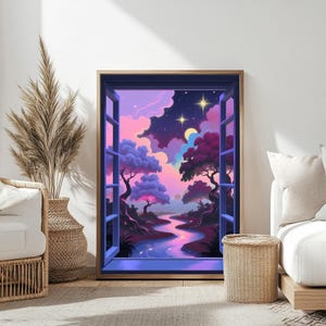 Set of 3 Printable Wall Art, Window View Posters, Surreal Landscape, Fantasy Room Decor, Digital Download, Colorful Room Decor Idea