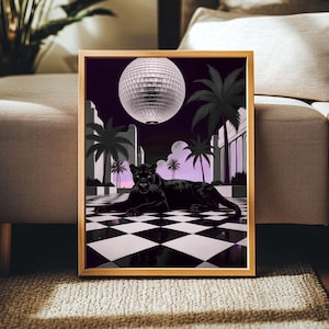 Retro Black Panther Vaporwave Wall Art Print Stylish Poster Black and Purple Home Decor Printable 80s Style Aesthetic Digital Download