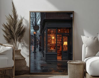 Stampabile su parete con libreria vintage accogliente, decorazione per angolo lettura, poster stampabile Dark Academia