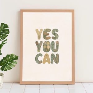 Yes You Can, trendige Retro-Stil Blumen, Digitaldruck, positive Motivation, Wand, Kunstdruck, Retro-Kunst-Dekor, Natur inspiriert Dekor