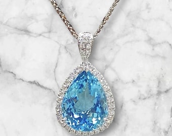 Colgante de oro de 18k con aguamarina en forma de lágrima, aguamarina natural AAAA de 3,5 ct, con halo de diamantes.