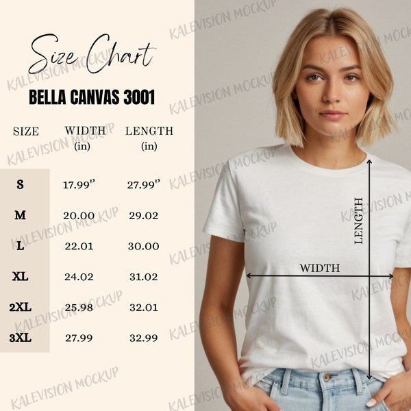 Bella Canvas 3001 Size Chart Tshirt Mockup for Women Size Chart Bella Canvas 3001 Unisex Size Chart Mockup Tshirt Bella Canvas White Shirt