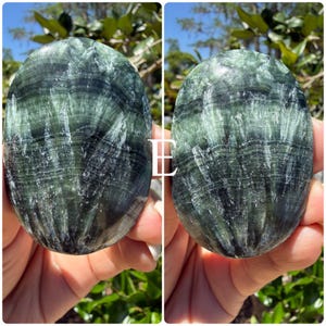 May include: Two oval-shaped, polished stones with a dark green and black pattern. The stones are held in a person's hands. The stones have a unique, natural pattern, with a polished, smooth surface. The background is blurred, with green foliage and sunlight.