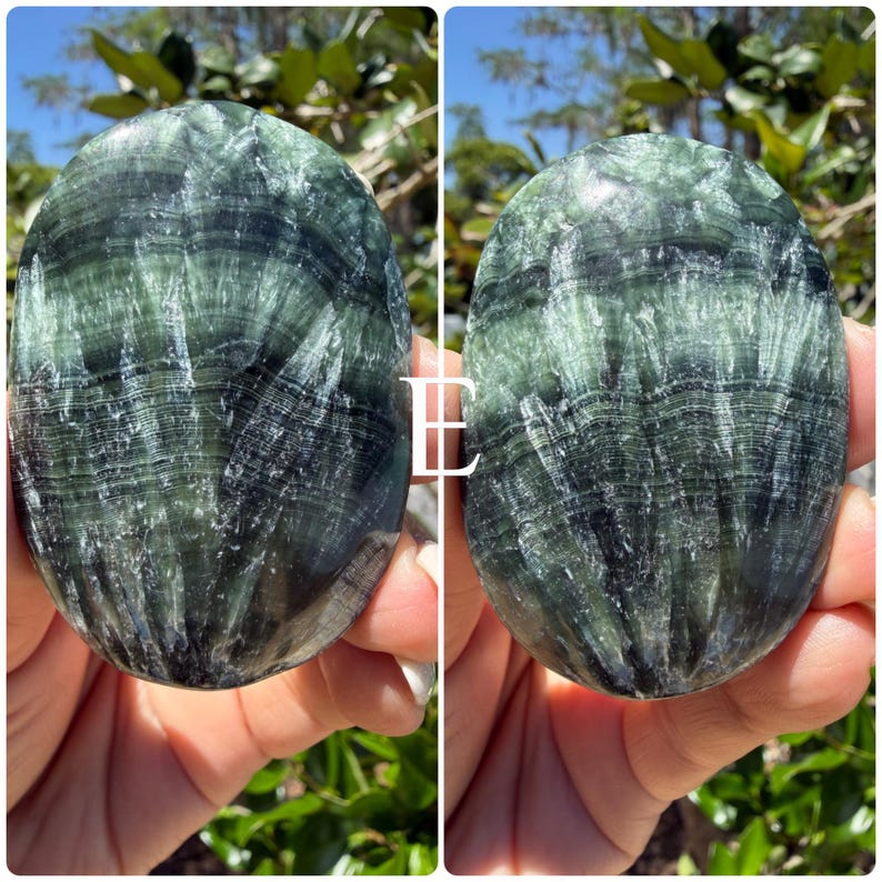 May include: Two oval-shaped, polished stones with a dark green and black pattern. The stones are held in a person's hands. The stones have a unique, natural pattern, with a polished, smooth surface. The background is blurred, with green foliage and sunlight.