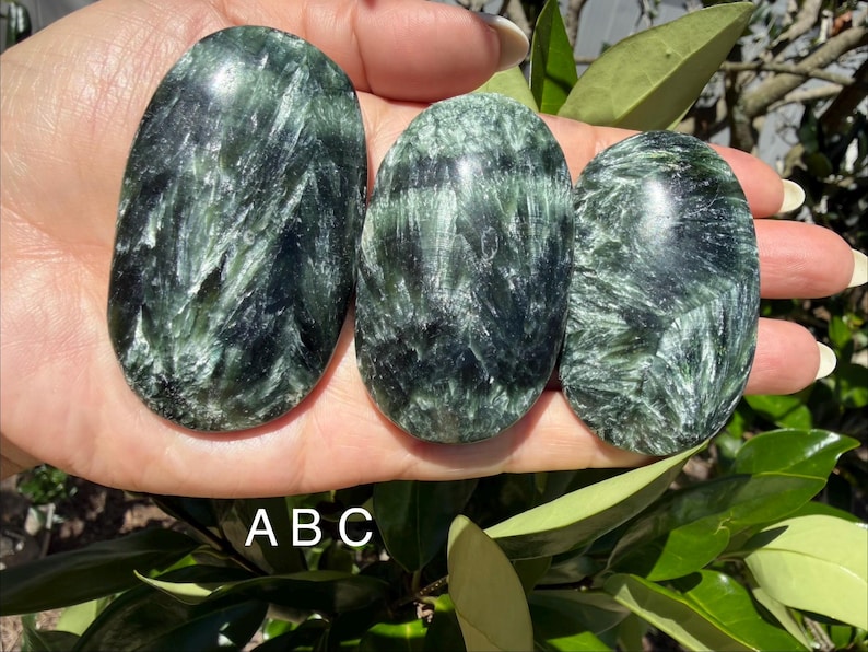 May include: Three polished seraphinite stones with a dark green and silver feathery pattern. The stones are oval-shaped and held in a hand, with the letters "ABC" visible below. The stones are displayed against a backdrop of green foliage.