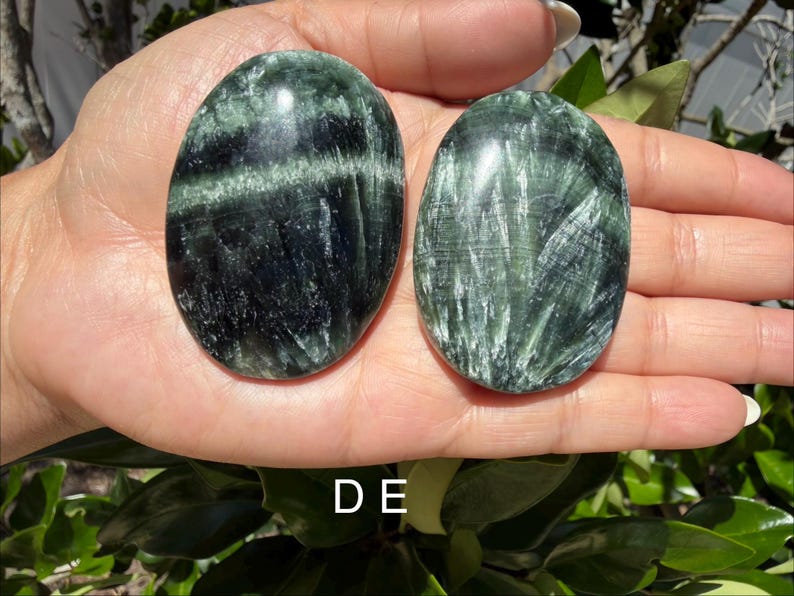 May include: Two oval-shaped green Serpentine stones with dark green and white veining. The stones are smooth and polished, with a glossy finish. The stones are held in a hand, with the letter "DE" visible at the bottom.