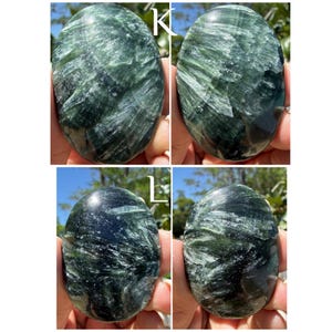 May include: Four images of oval-shaped green Serpentine stones. The stones have a polished surface with a mix of dark and light green hues and white veining. The stones are held in hands against a background of blue sky and foliage.