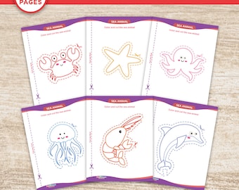 Sea Life Scissor Skills Activity, Cutting Practice, Coloring Pages (PDF)