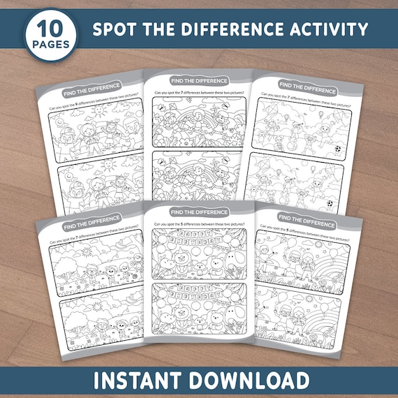 Spot the Difference Activity, Coloring Pages for Kids (Printable PDF)
