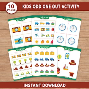 Peut inclure: Un ensemble de dix pages d'exercices "Kids Odd One Out Activity". Chaque page présente des illustrations colorées d'objets variés, tels que des appareils photo, des horloges et des véhicules. Le texte "Instant Download" est en bas.